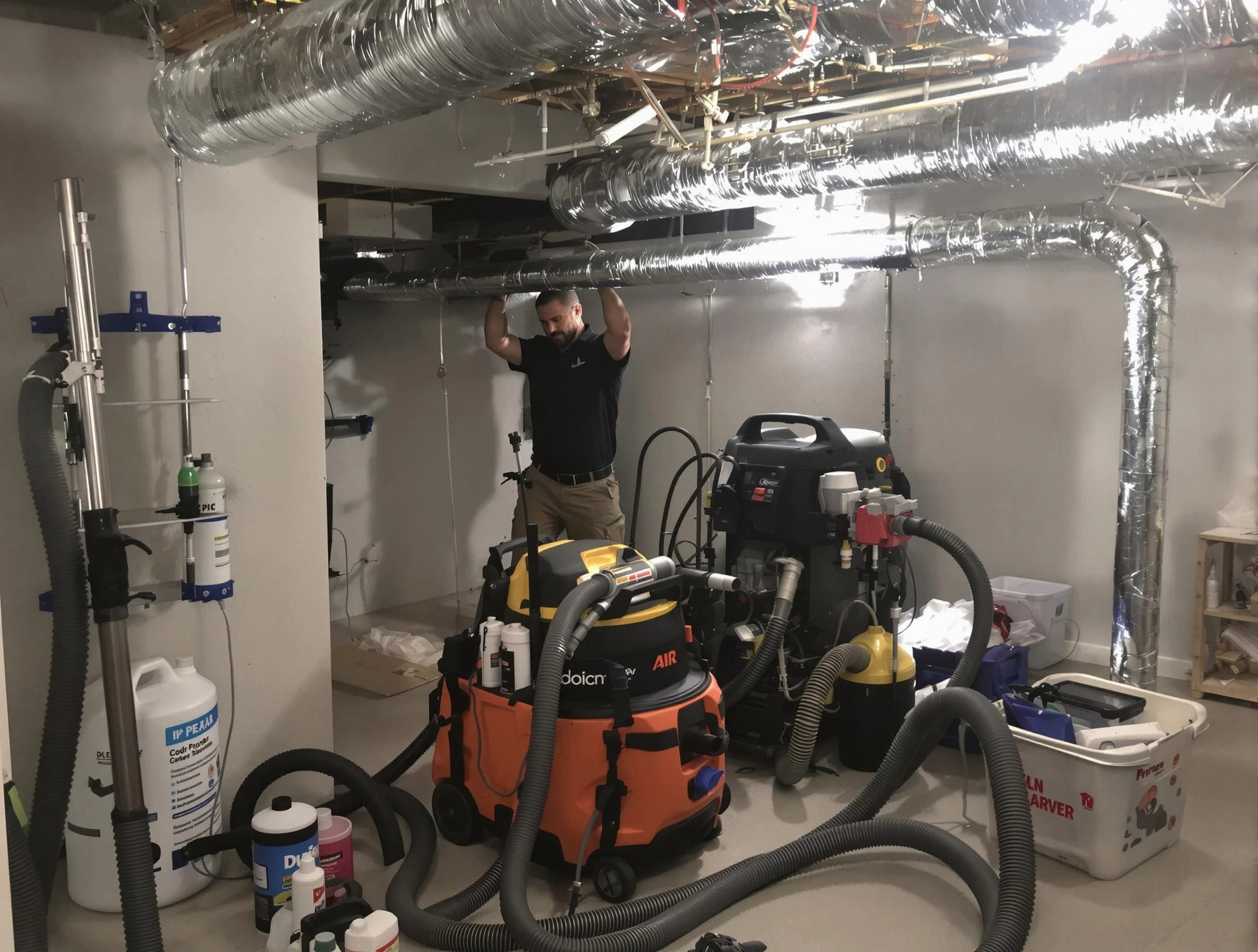 Malden Air Duct Cleaning specialist performing professional mold removal from air ducts using safety equipment in Malden
